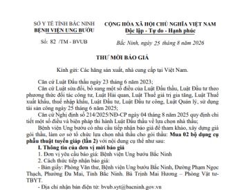 Thư mời báo giá gói thầu: Mua 02 bộ dụng cụ phẫu thuật tuyến giáp (lần 2)